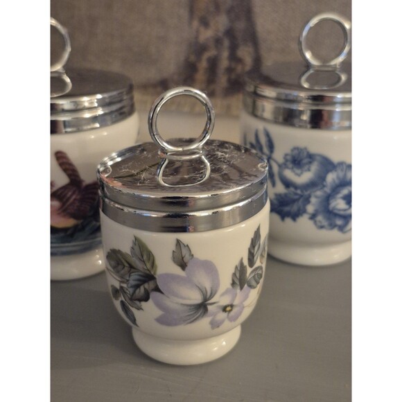 Vintage Royal Worcester Set Of 3 Egg Coddlers Birds Butterflies - Picture 3 of 9
